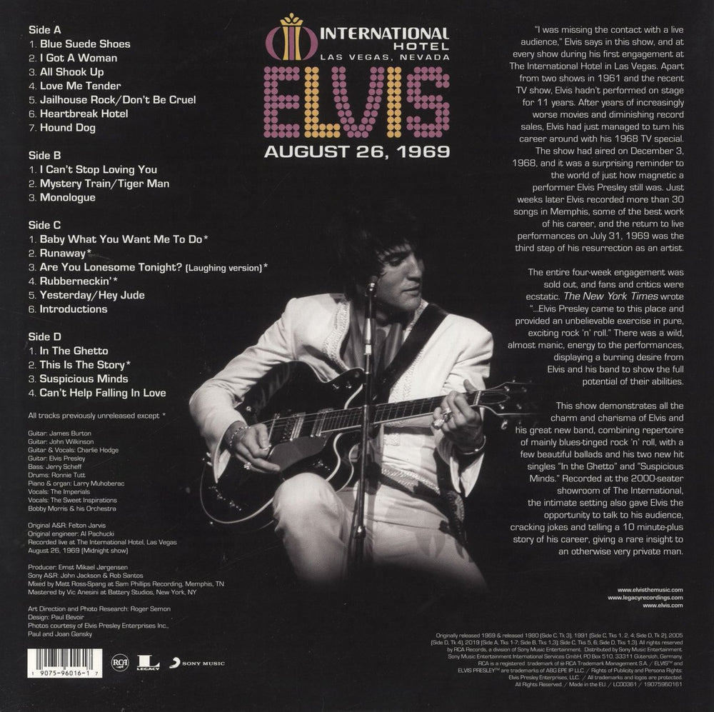 Elvis Presley International Hotel Las Vegas, Nevada August 26, 1969 UK 2-LP vinyl record set (Double LP Album) 190759601617