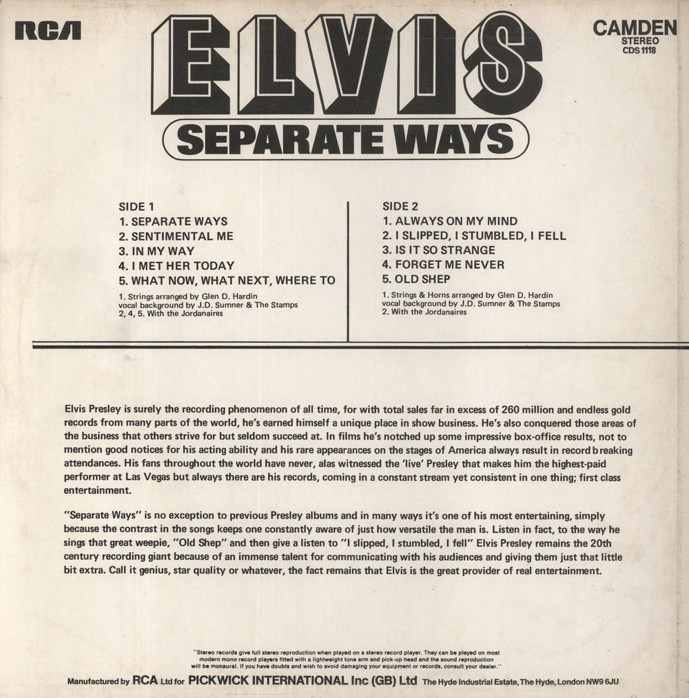 Elvis Presley Separate Ways UK vinyl LP album (LP record)