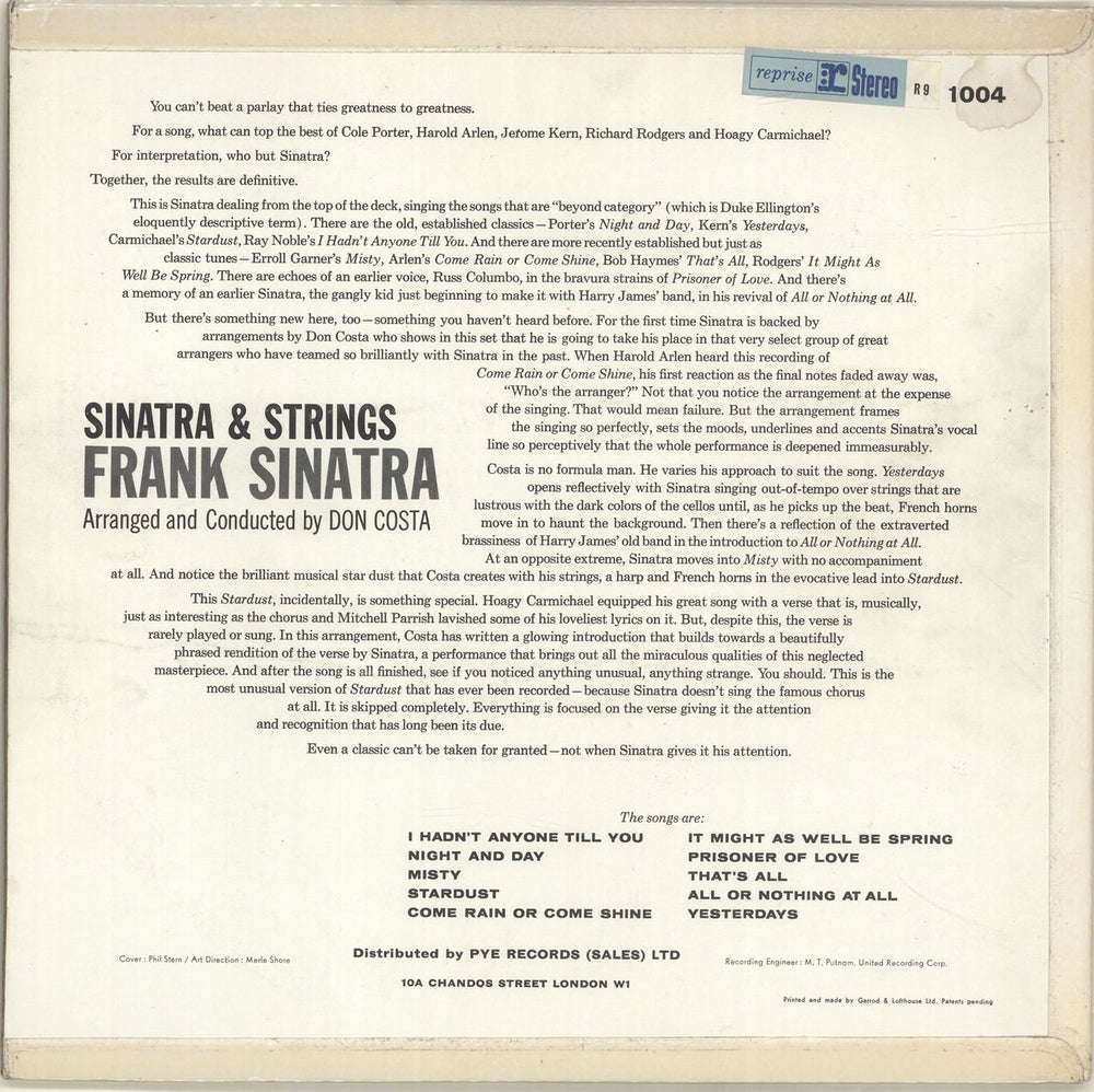 Frank Sinatra Sinatra & Strings UK vinyl LP album (LP record) FRSLPSI457242