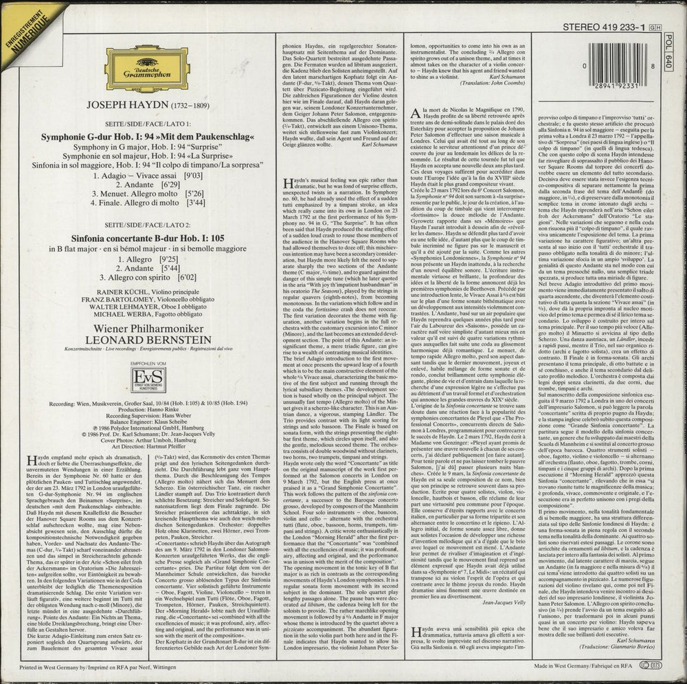 Franz Joseph Haydn Haydn: Symphonie No.94 »Mit Dem Paukenschlag • Surprise« • Sinfonia Concertante German vinyl LP album (LP record)