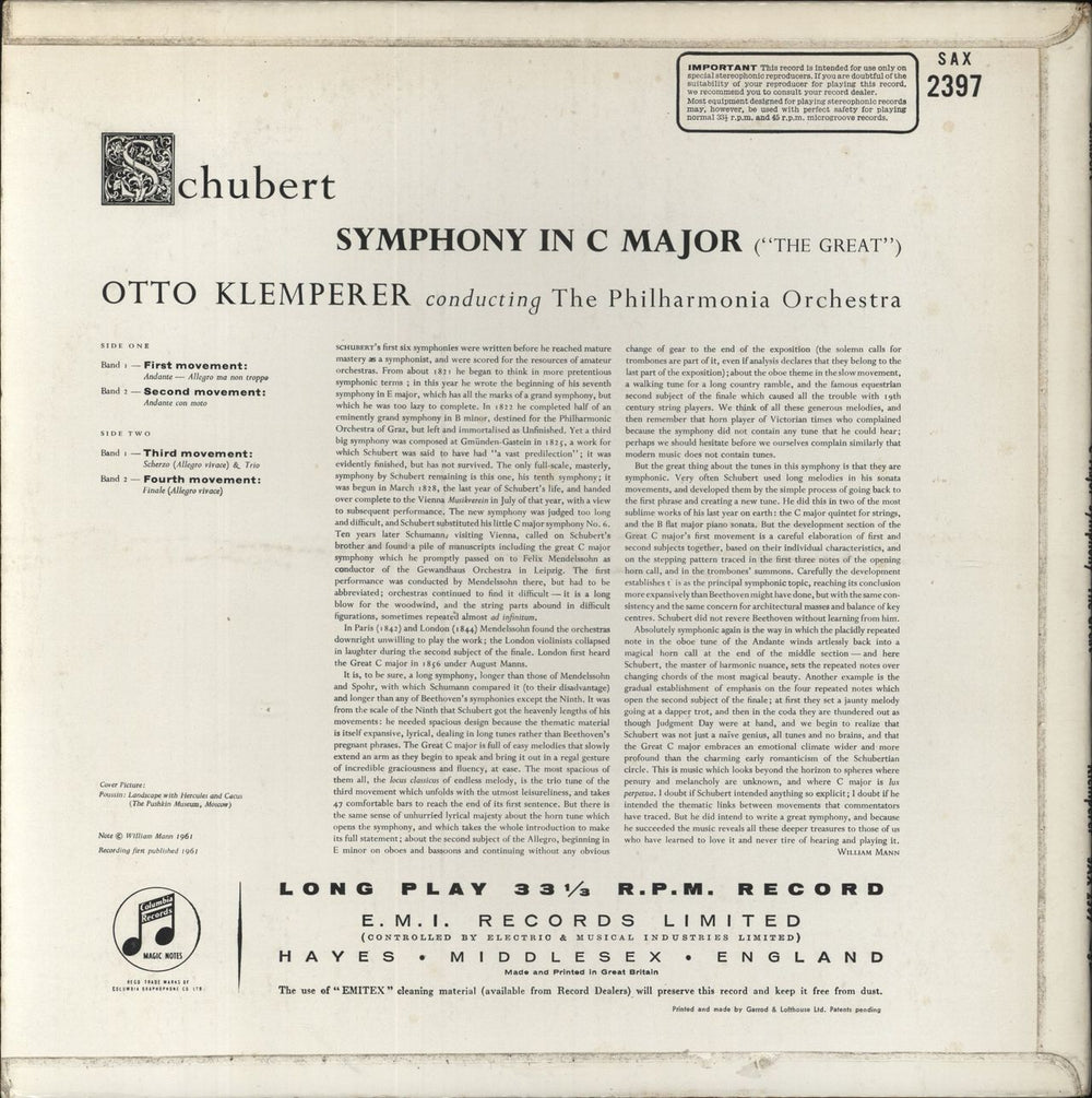 Franz Schubert Schubert: Symphony No. 9 In C Major ("The Great") UK vinyl LP album (LP record)