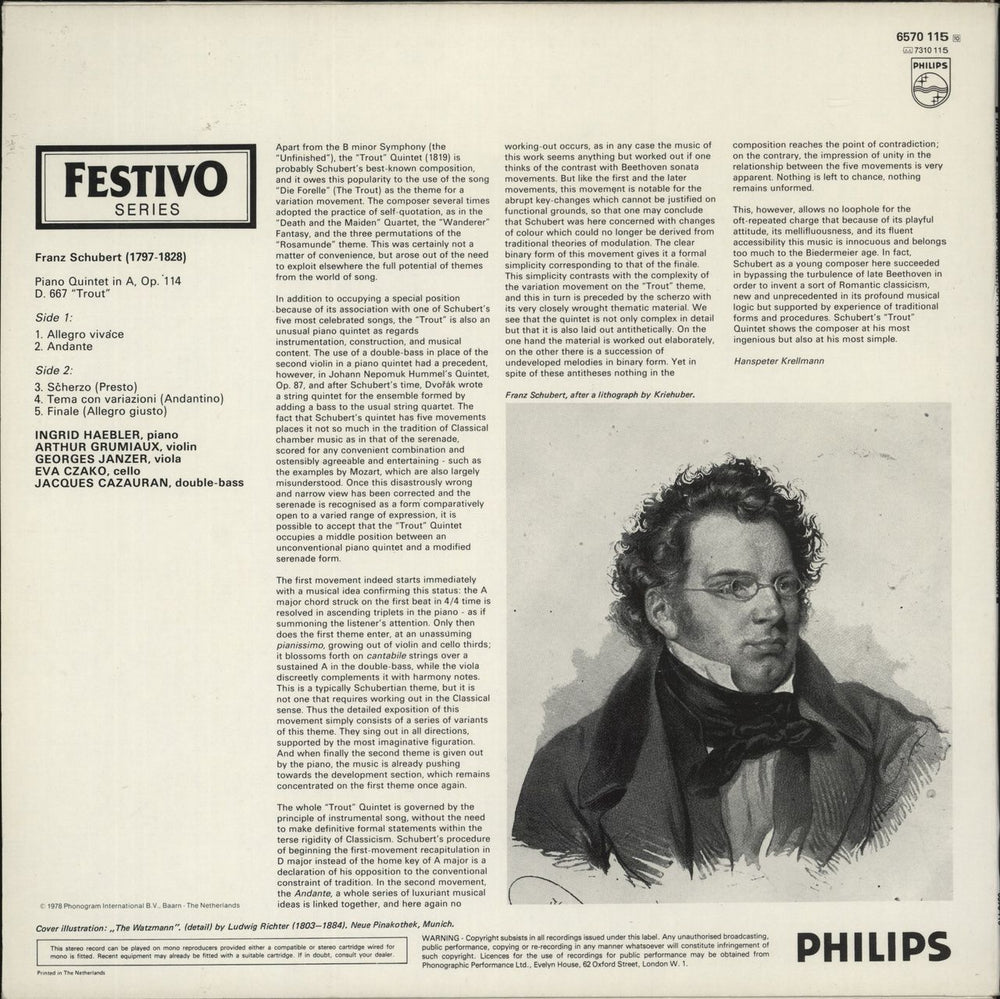 Franz Schubert Schubert: "The Trout" Piano Quintet, Op. 114 UK vinyl LP album (LP record)