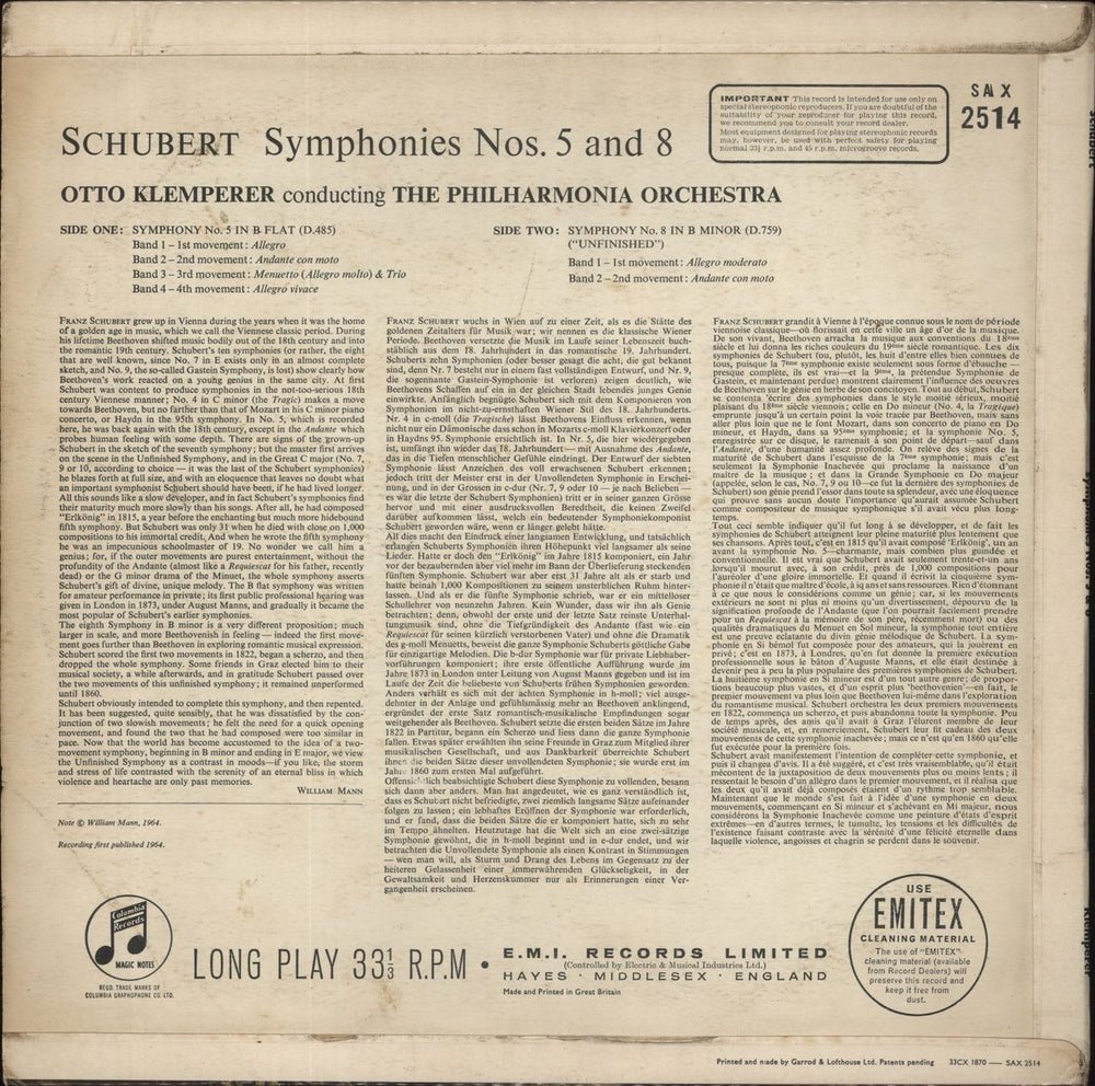 Franz Schubert Schubert: "Unfinished" Symphony; Symphony No. 5 In B Flat Major UK vinyl LP album (LP record)