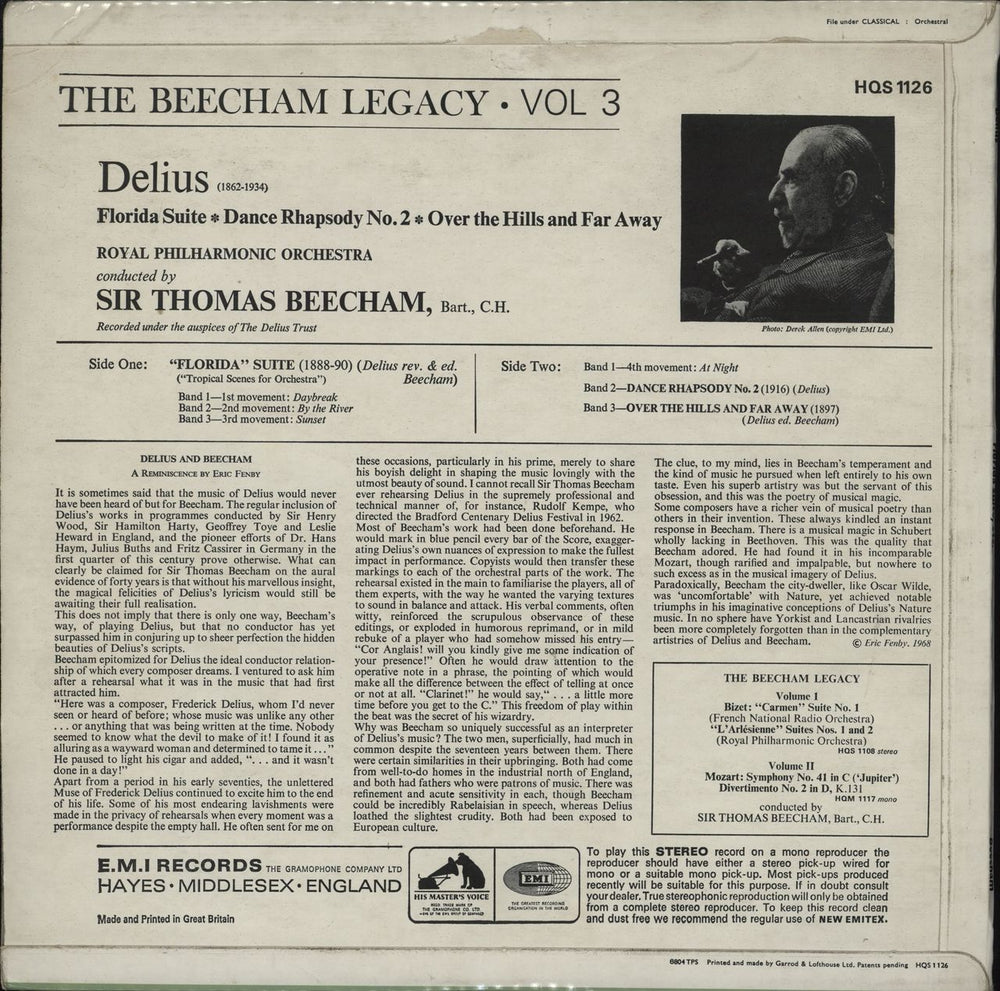 Frederick Delius Florida Suite, Dance Rhapsody & Over The Hills And Far Away UK vinyl LP album (LP record) DUHLPFL533433