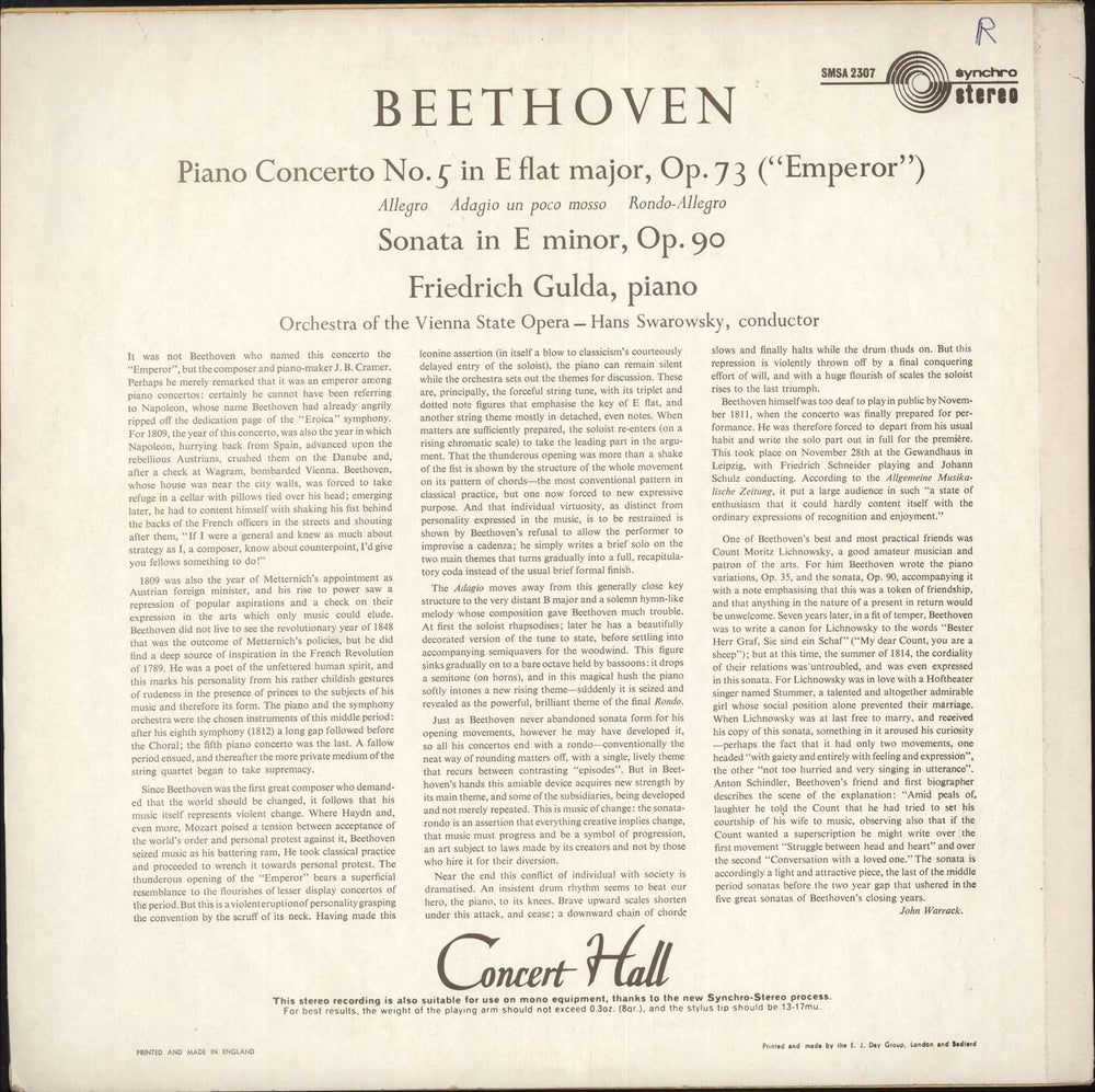 Friedrich Gulda Beethoven: Piano Concerto No. 5 in E Flat Major, Op.73 ("Emperor") / Sonata in E Minor, Op.90 UK vinyl LP album (LP record)