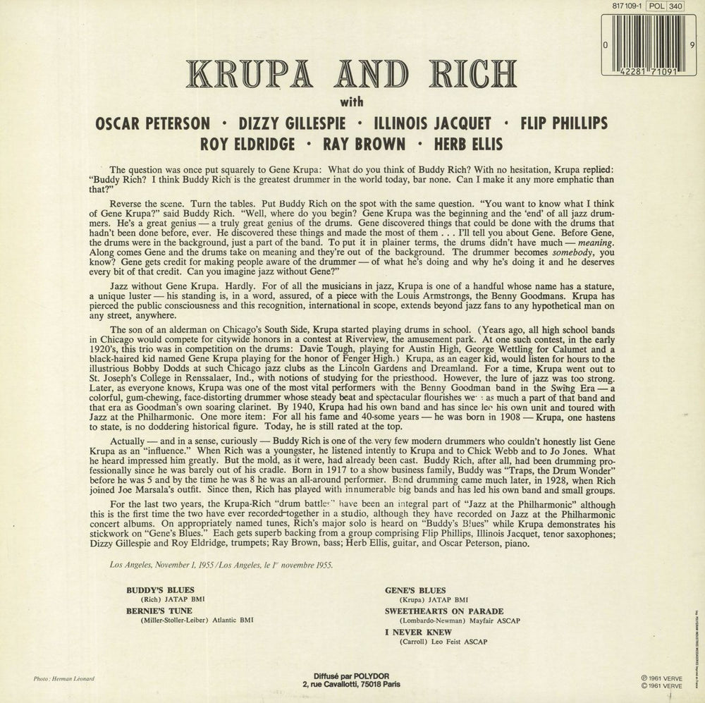 Gene Krupa Krupa And Rich French vinyl LP album (LP record) 042281710919