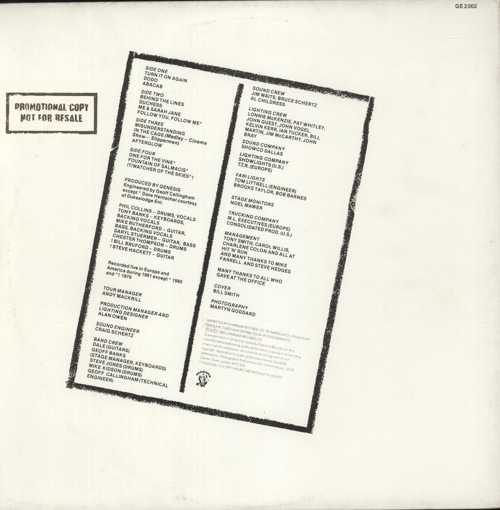 Genesis Three Sides Live - Gold Promo Stamped UK Promo 2-LP vinyl record set (Double LP Album)