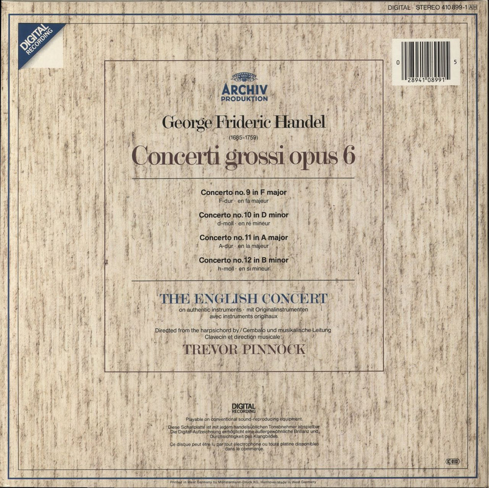 George Frideric Handel Concerti Grossi op. 6, Numbers 9-12 German vinyl LP album (LP record) 028941089915