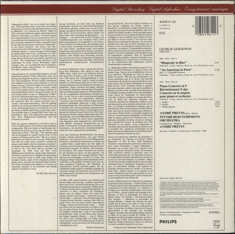 George Gershwin Rhapsody In Blue, Piano Concerto in F & An American In Paris Dutch vinyl LP album (LP record) 028941261113