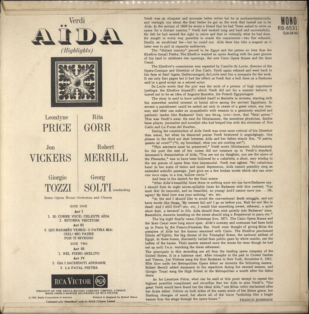 Giuseppe Verdi Aida Highlights UK vinyl LP album (LP record)