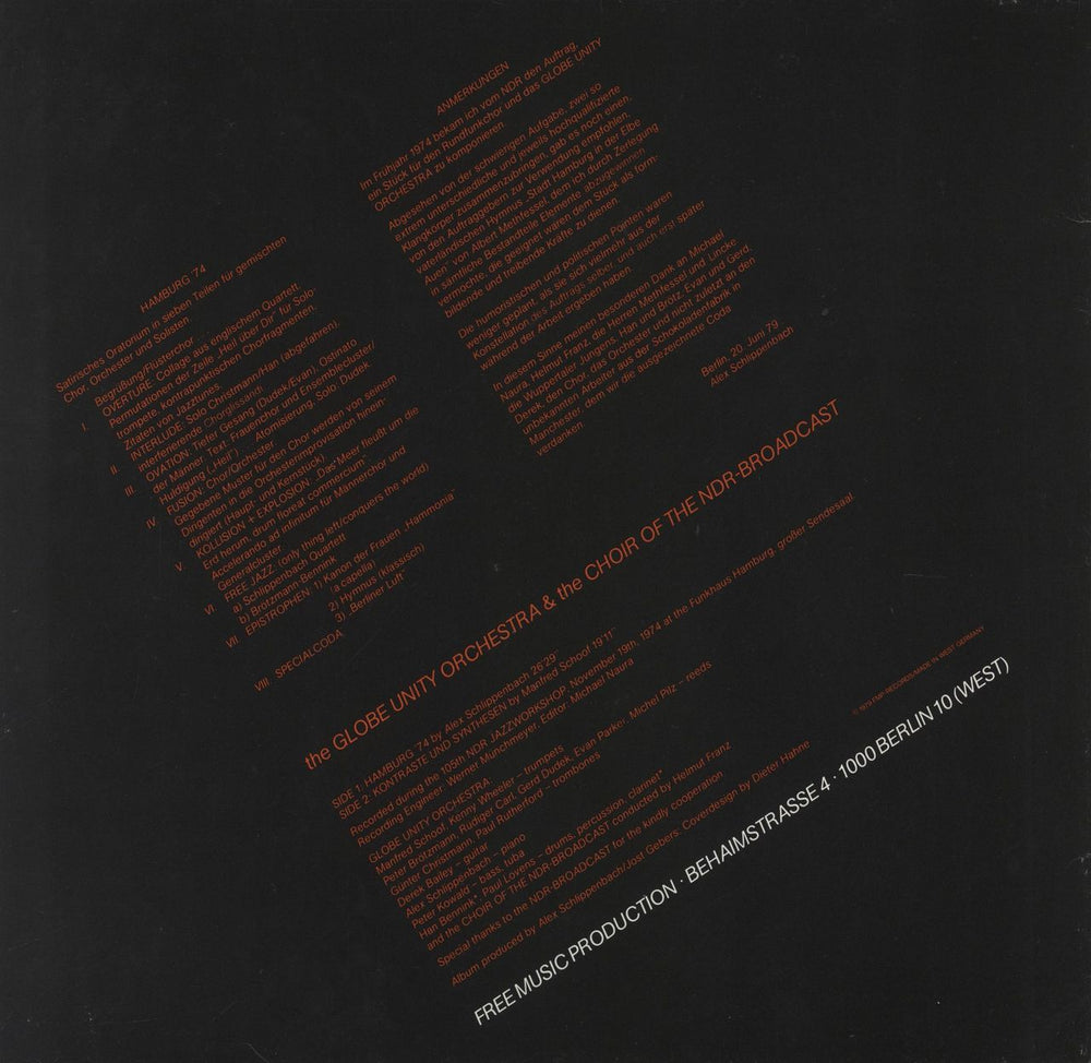 Globe Unity Hamburg '74 German vinyl LP album (LP record)