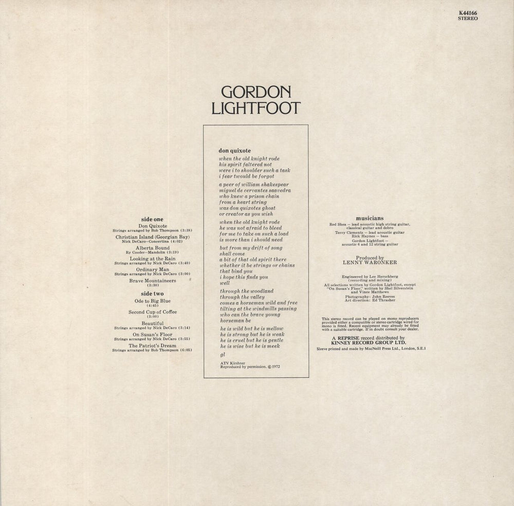 Gordon Lightfoot Don Quixote UK vinyl LP album (LP record)