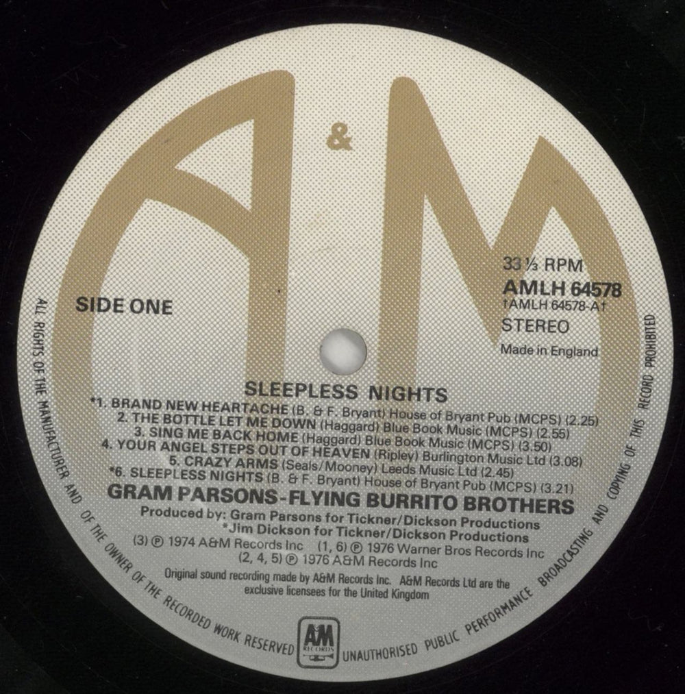 Gram Parsons Sleepless Nights UK vinyl LP album (LP record) GRMLPSL161284