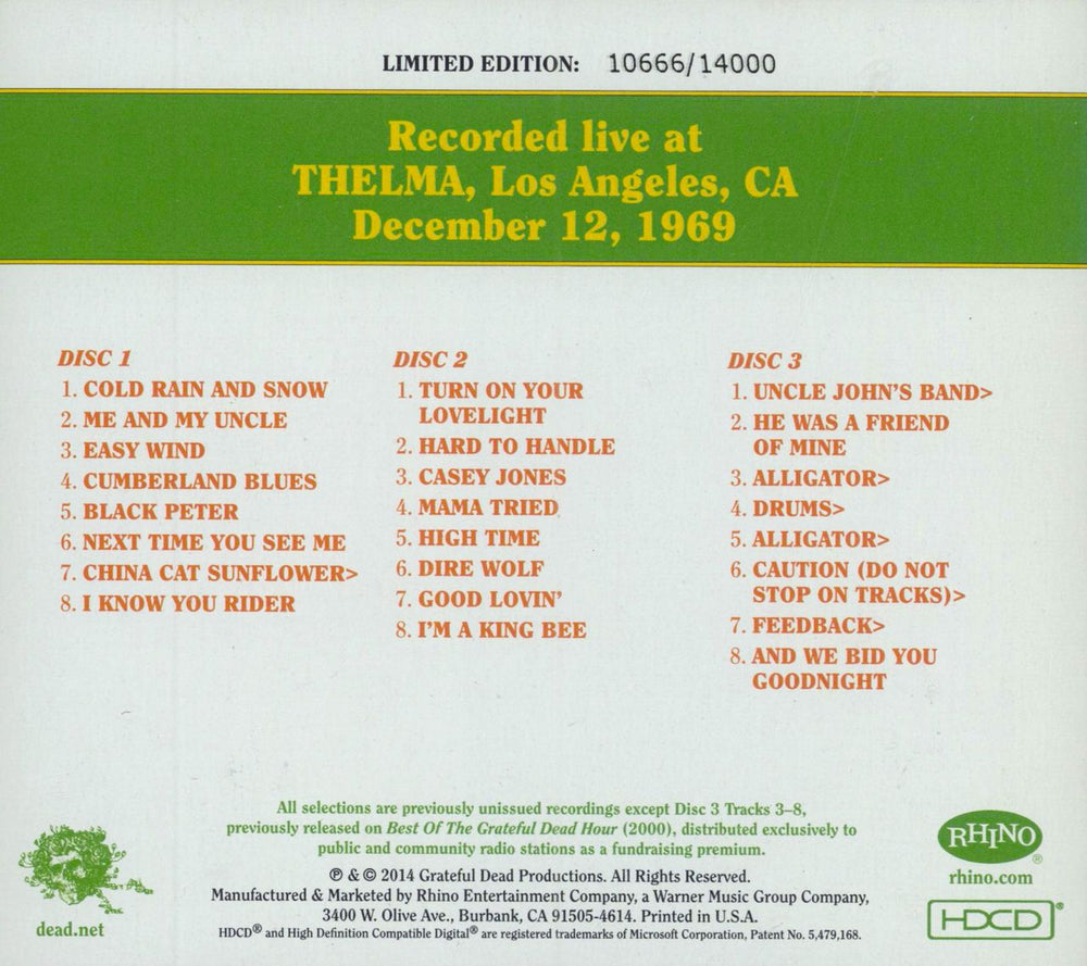 Grateful Dead Dave's Picks Volume 10: Thelma, Los Angeles, CA 12/12/69) + Dave's Picks 2014 Bonus Disc US 4-CD album set
