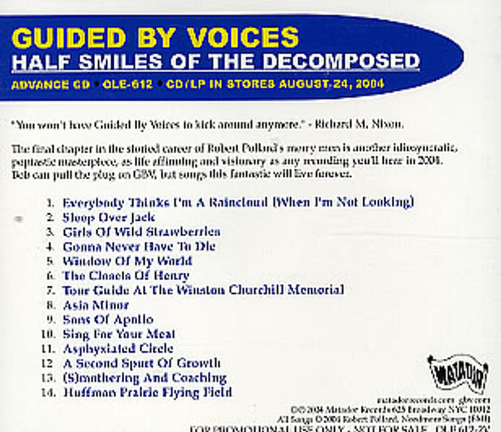 Guided By Voices Half Smiles Of The Decomposed US Promo CD album (CDLP) OLE612-2V