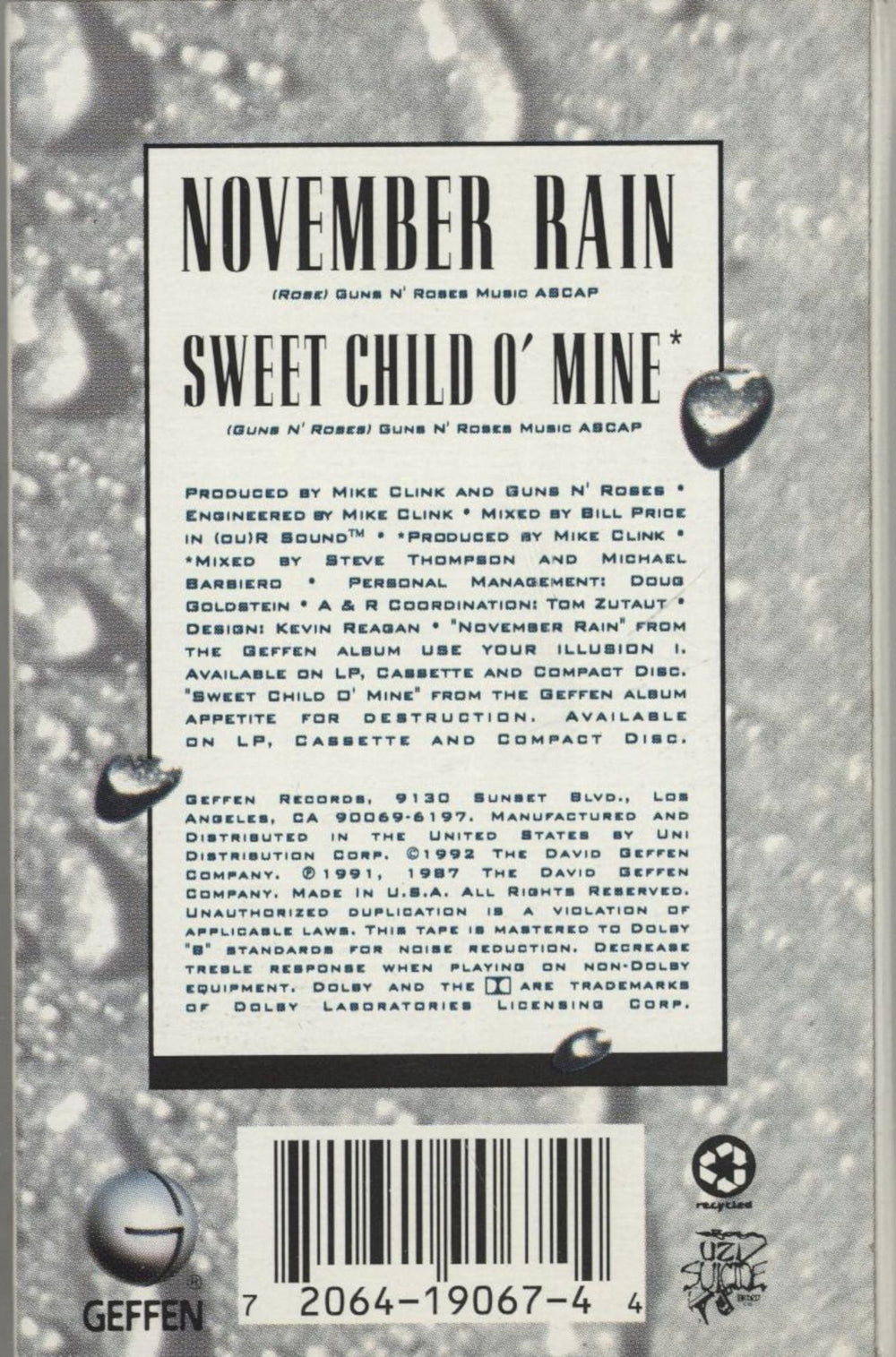 Guns N Roses November Rain US cassette single 720641906744