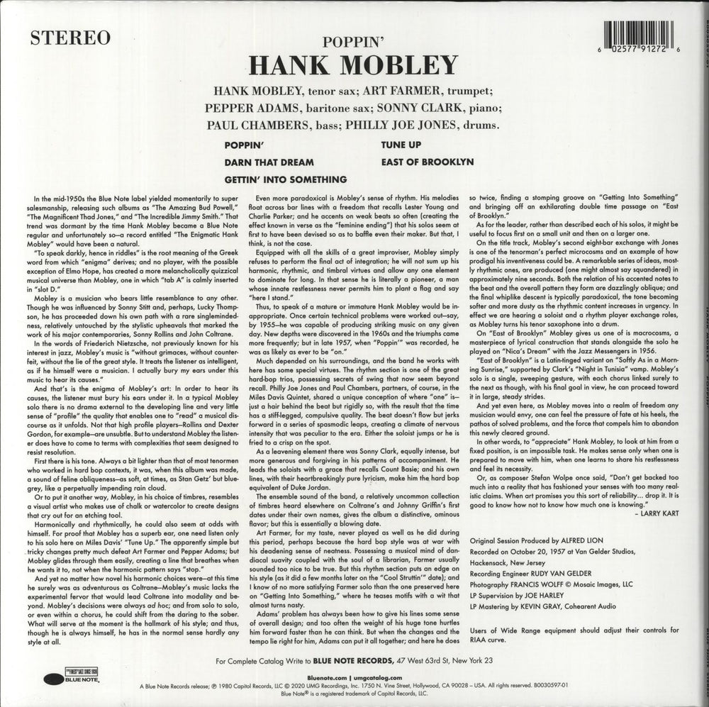 Hank Mobley Poppin' - 180 Gram Vinyl UK vinyl LP album (LP record) 602577912726