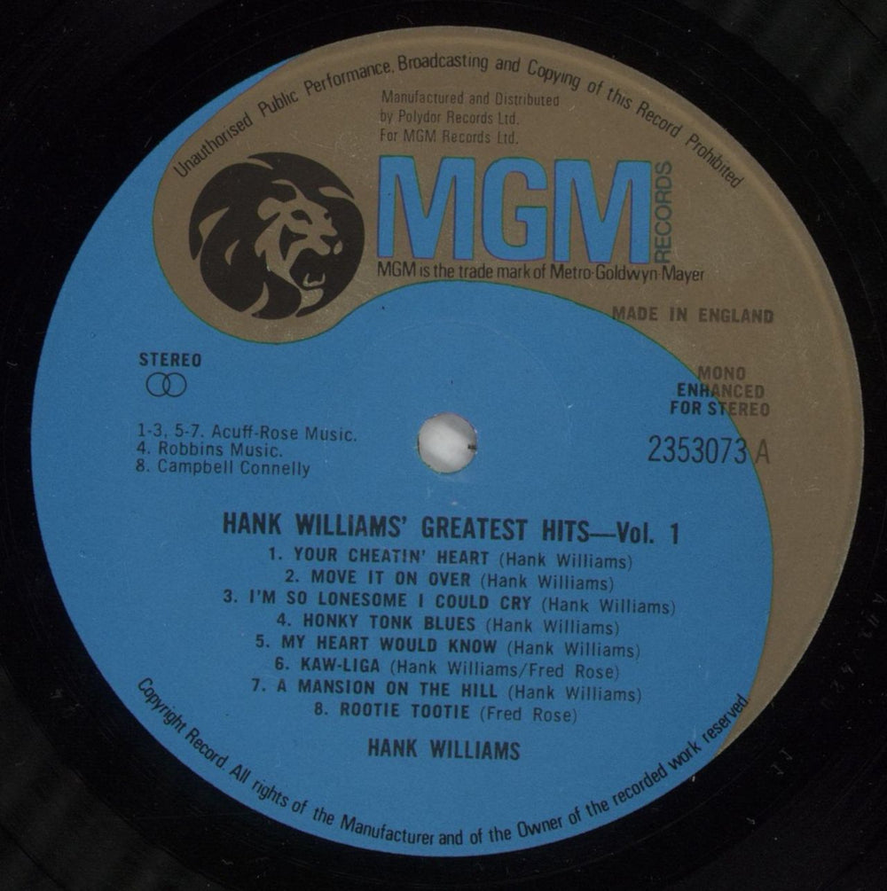 Hank Williams Greatest Hits Volume 1 UK vinyl LP album (LP record) HNKLPGR547180