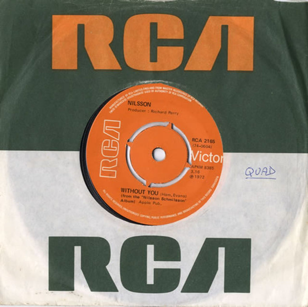 Harry Nilsson Without You - 4pr UK 7" vinyl single (7 inch record / 45) RCA2165