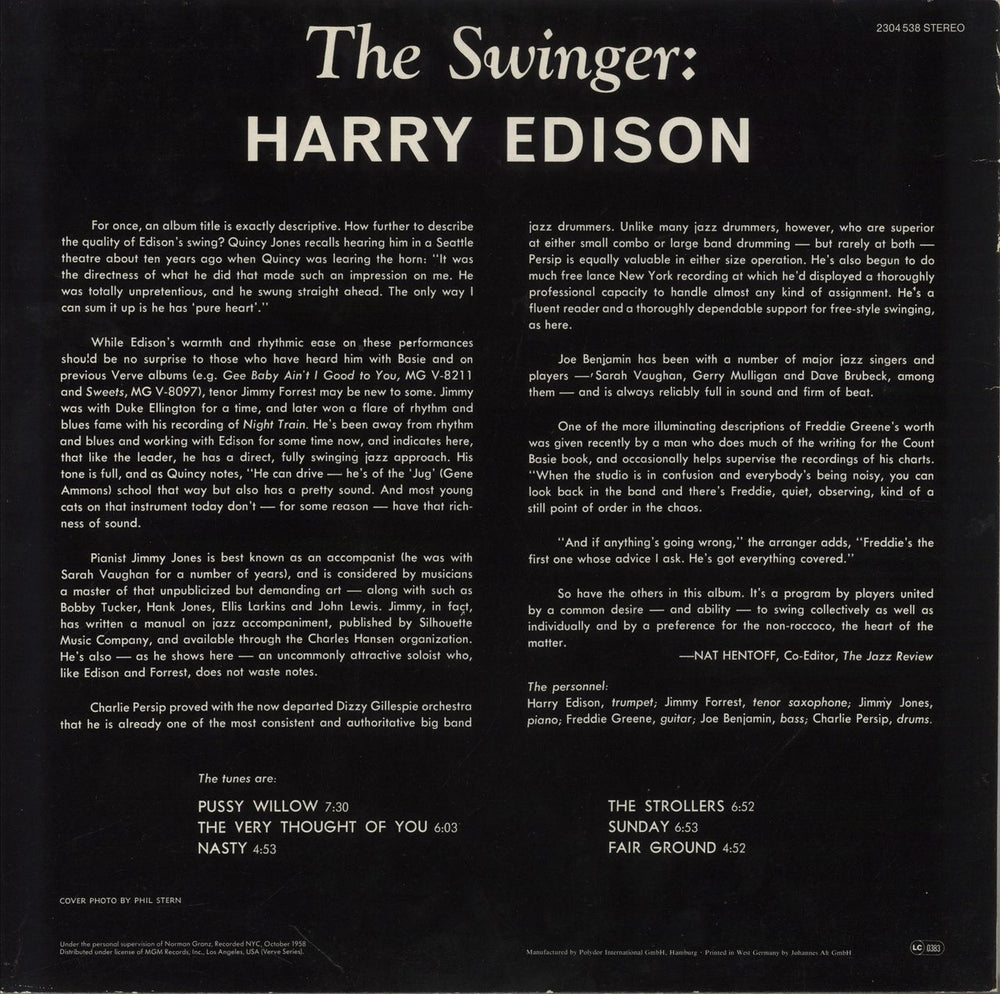 Harry 'Sweets' Edison The Swinger German vinyl LP album (LP record)