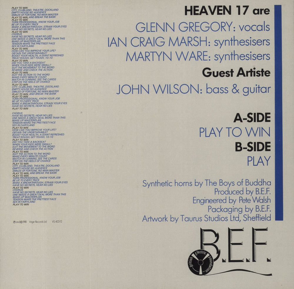 Heaven 17 Play To Win UK 12" vinyl single (12 inch record / Maxi-single)