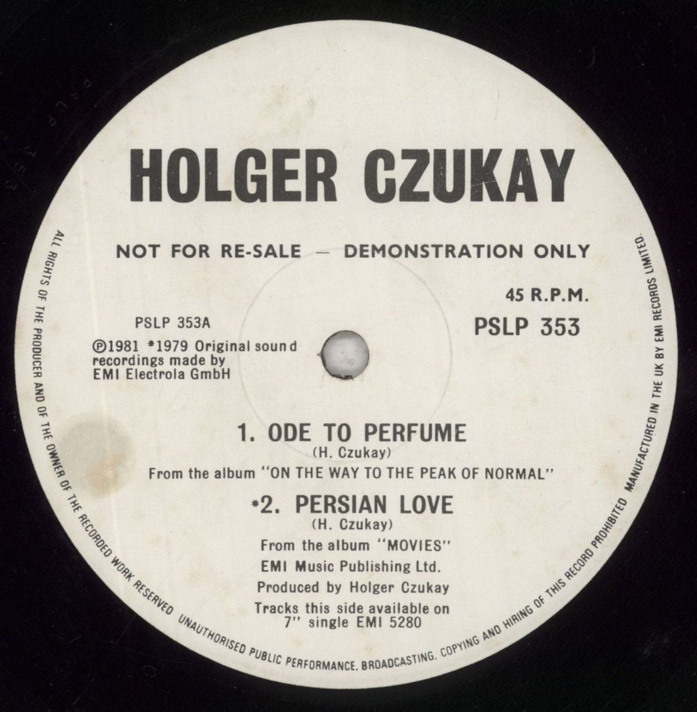 Holger Czukay Ode To Perfume UK Promo 12" vinyl single (12 inch record / Maxi-single) PSLP353