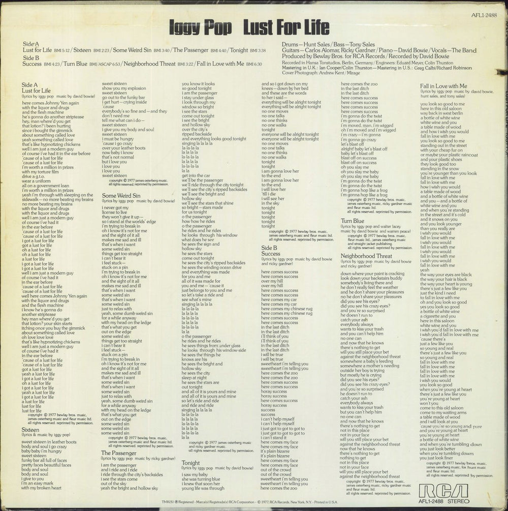 Iggy Pop Lust For Life - EX US vinyl LP album (LP record)