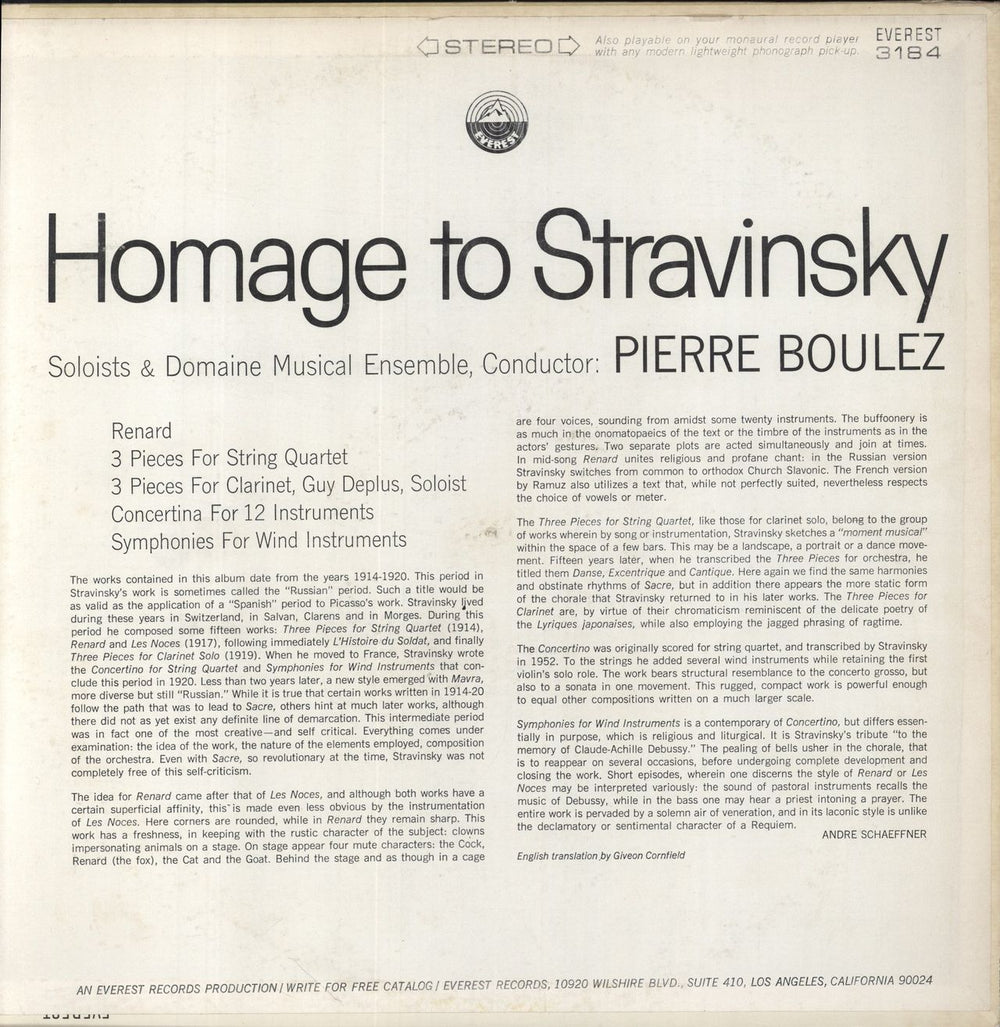 Igor Stravinsky Homage To Stravinsky US vinyl LP album (LP record)