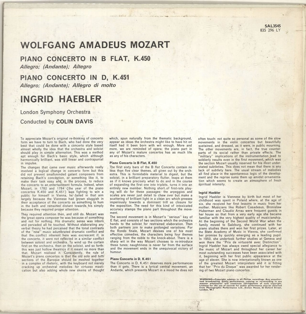 Ingrid Haebler Mozart: Piano Concertos K.450 - K.451 UK vinyl LP album (LP record)