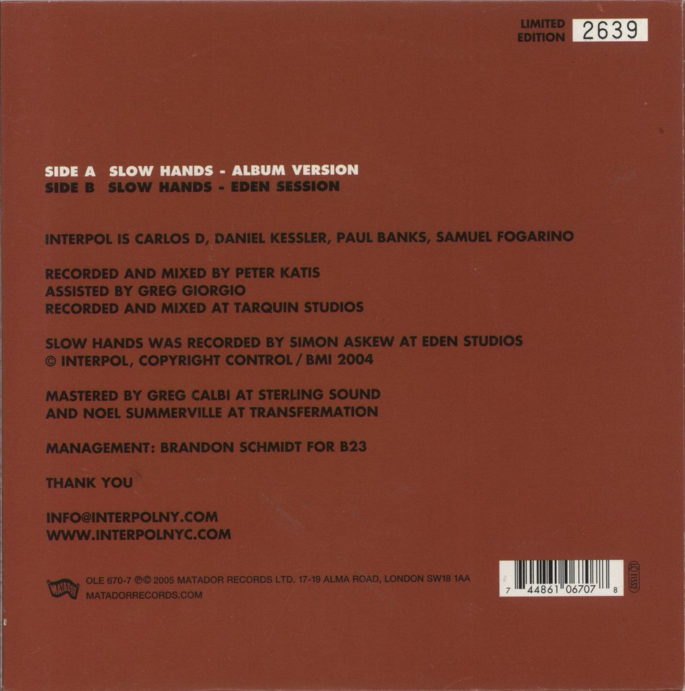 Interpol Slow Hands - Numbered Sleeve UK 7" vinyl single (7 inch record / 45) 744861067078