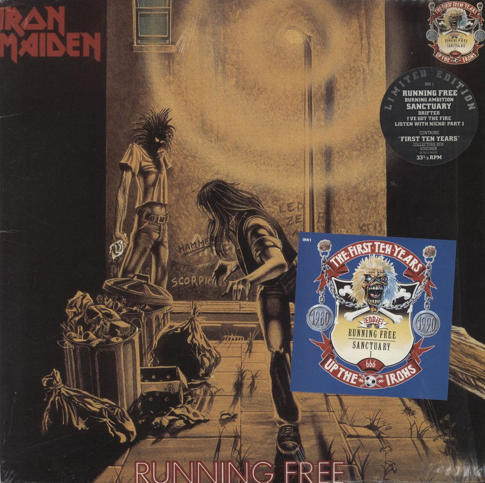 Iron Maiden Running Free / Sanctuary + Voucher - Shrink UK 12" vinyl single (12 inch record / Maxi-single) IRN1