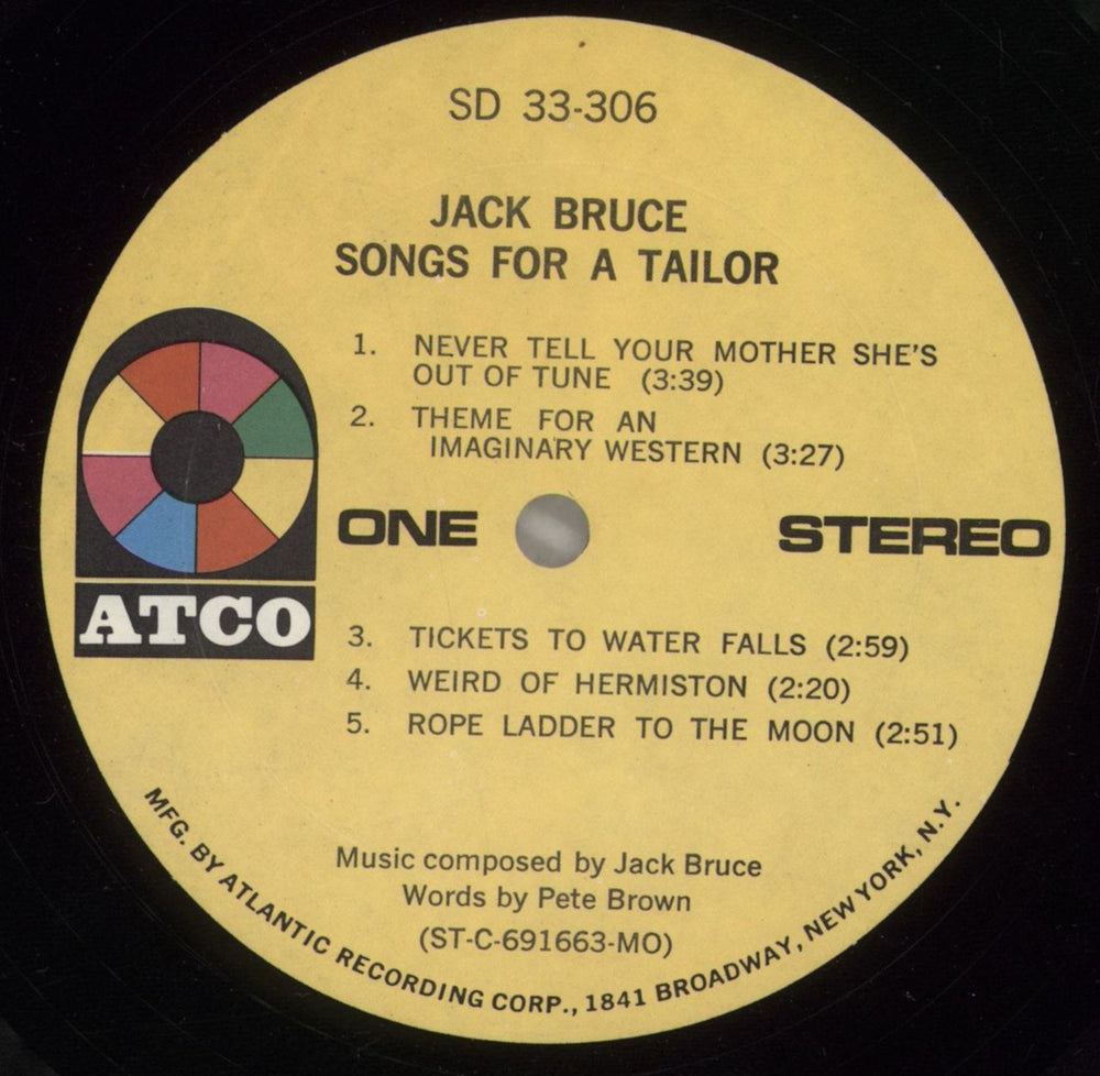Jack Bruce Songs For A Tailor - Yellow Label US vinyl LP album (LP record) J-BLPSO135020