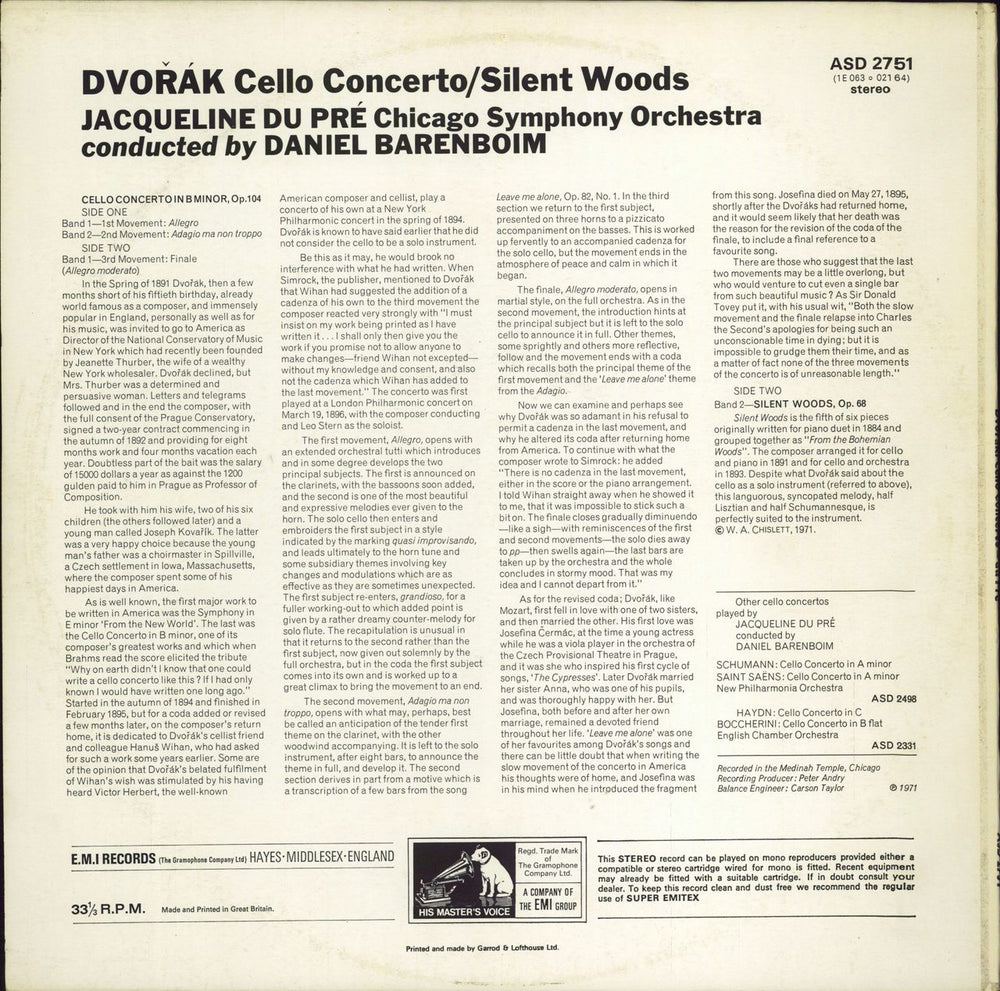 Jacqueline Du Pré Dvorák: Cello Concerto / Silent Woods - 2nd UK vinyl LP album (LP record)