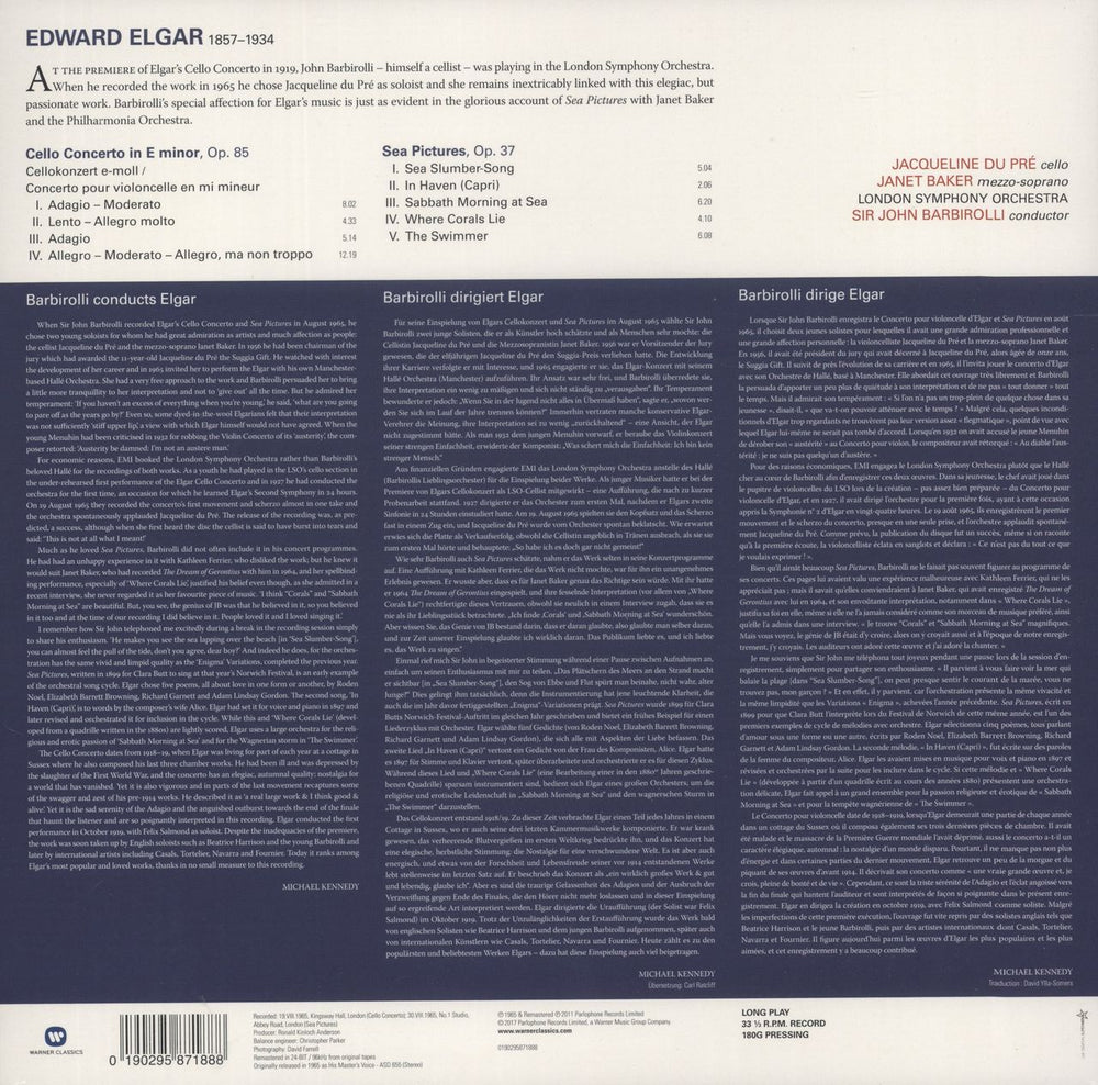 Jacqueline Du Pré Elgar - Cello Concerto in E Minor, Op.85 / Sea Pictures, Op.37 - Sealed UK vinyl LP album (LP record) 190295871888