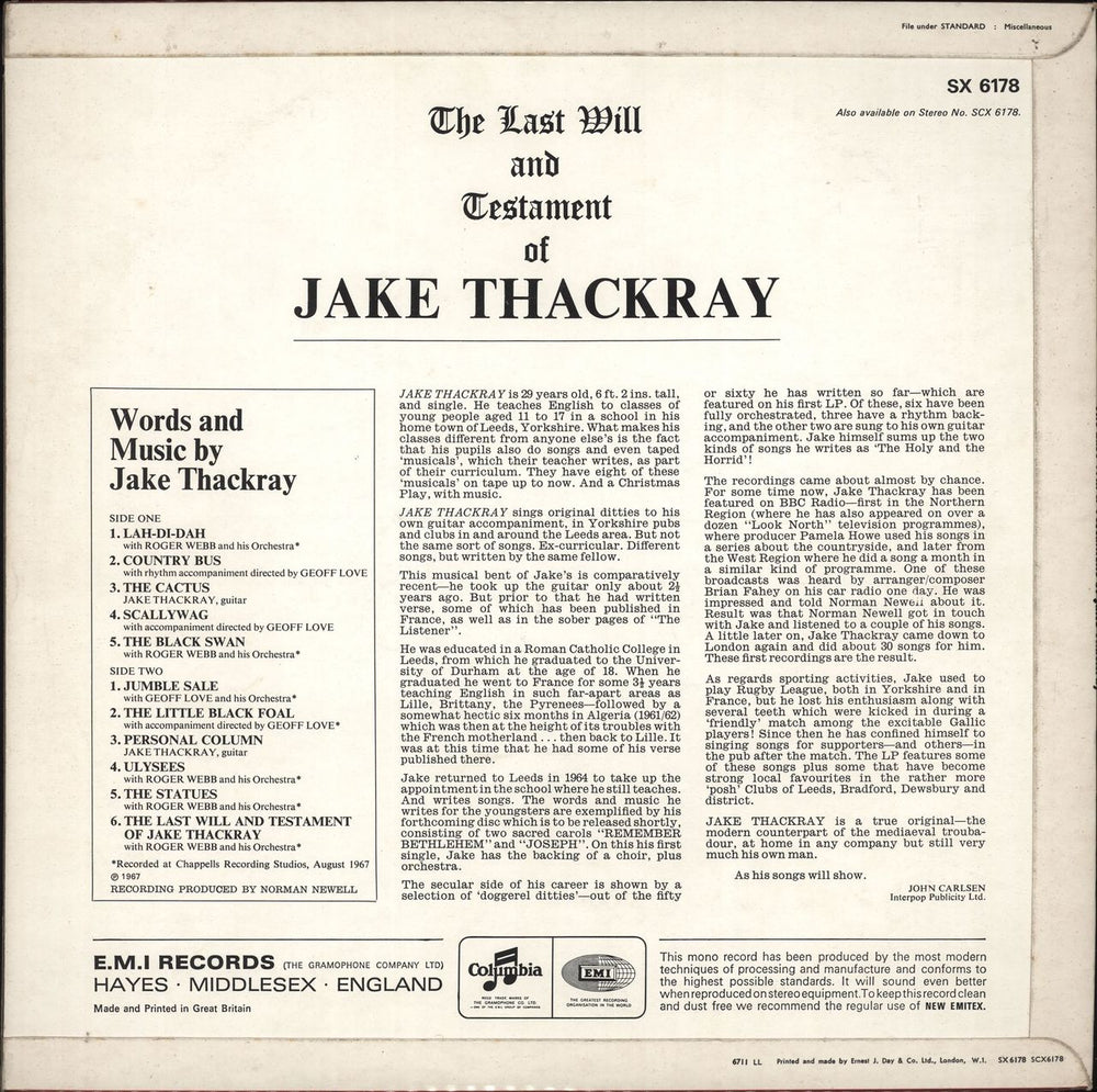 Jake Thackray The Last Will And Testament Of Jake Thackray UK vinyl LP album (LP record)