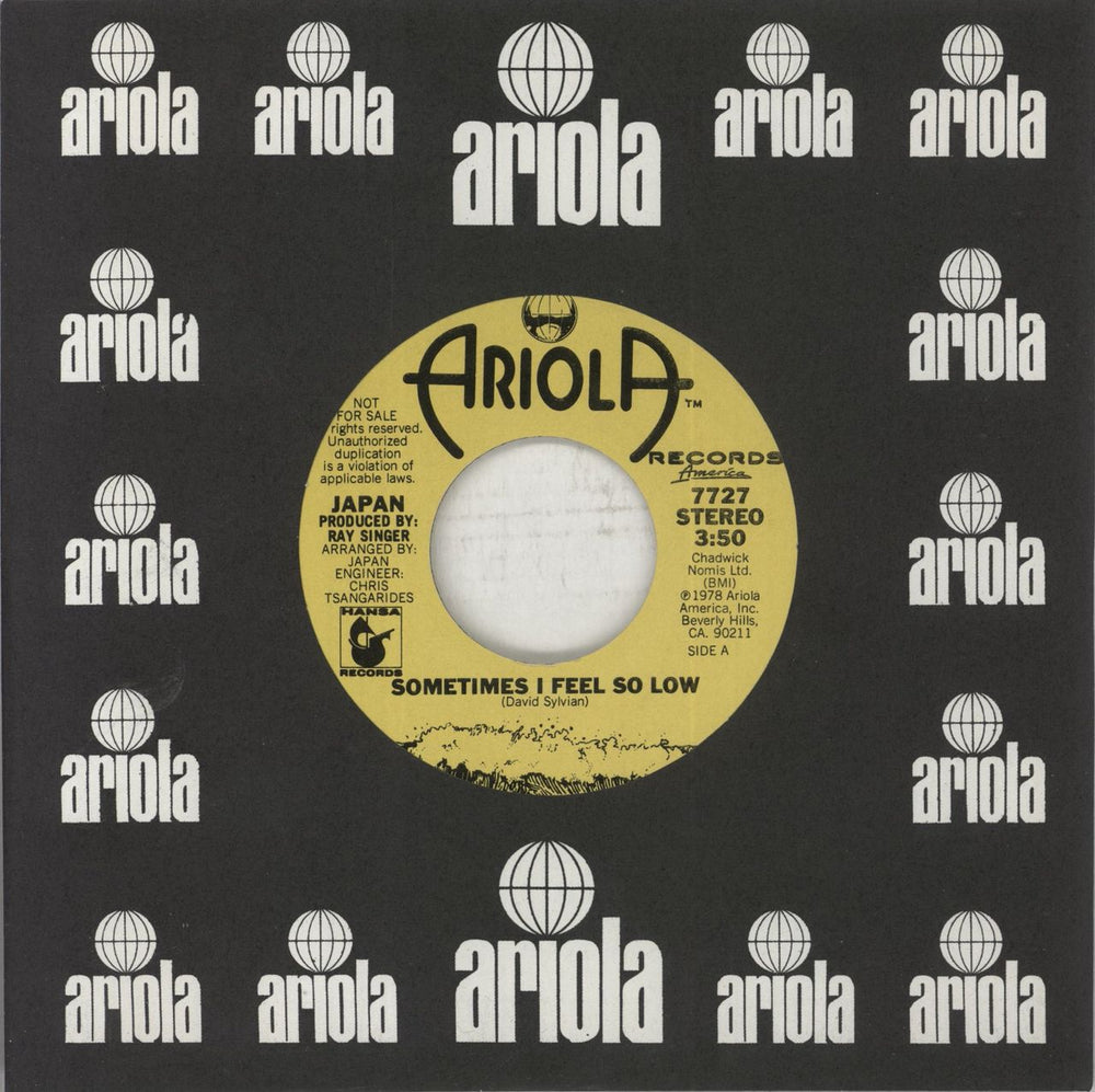 Japan Sometimes I Feel So Low US Promo 7" vinyl single (7 inch record / 45) 7727