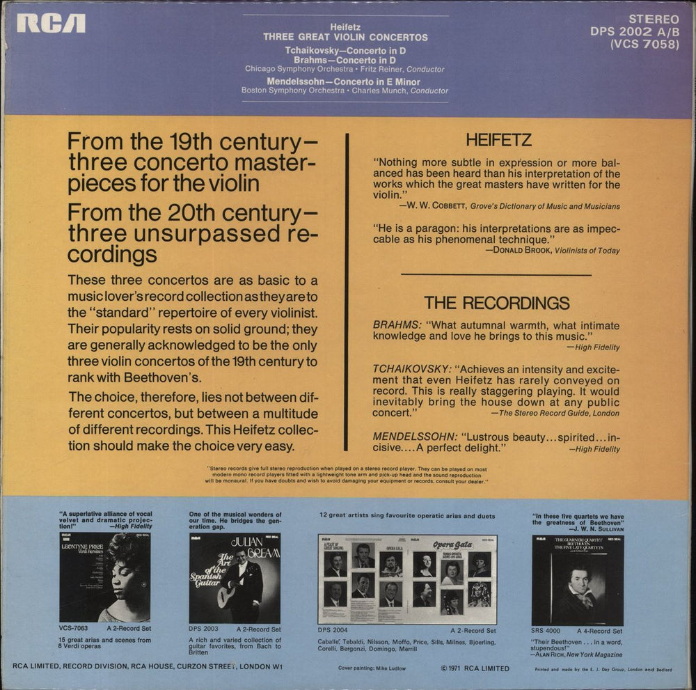 Jascha Heifetz Three Great Violin Concertos UK 2-LP vinyl record set (Double LP Album)