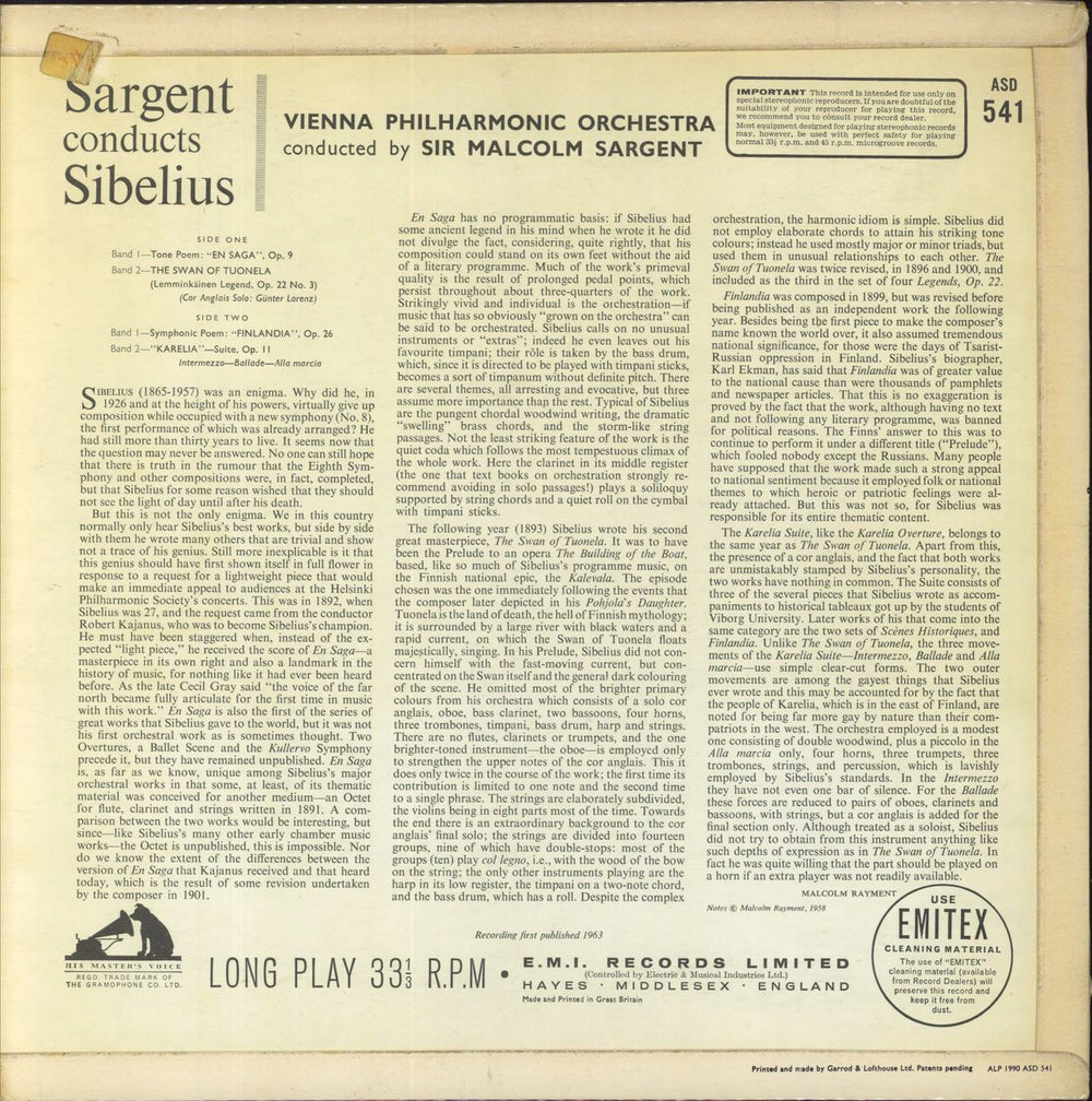 Jean Sibelius Sargent Conducts Sibelius - 1st UK vinyl LP album (LP record)