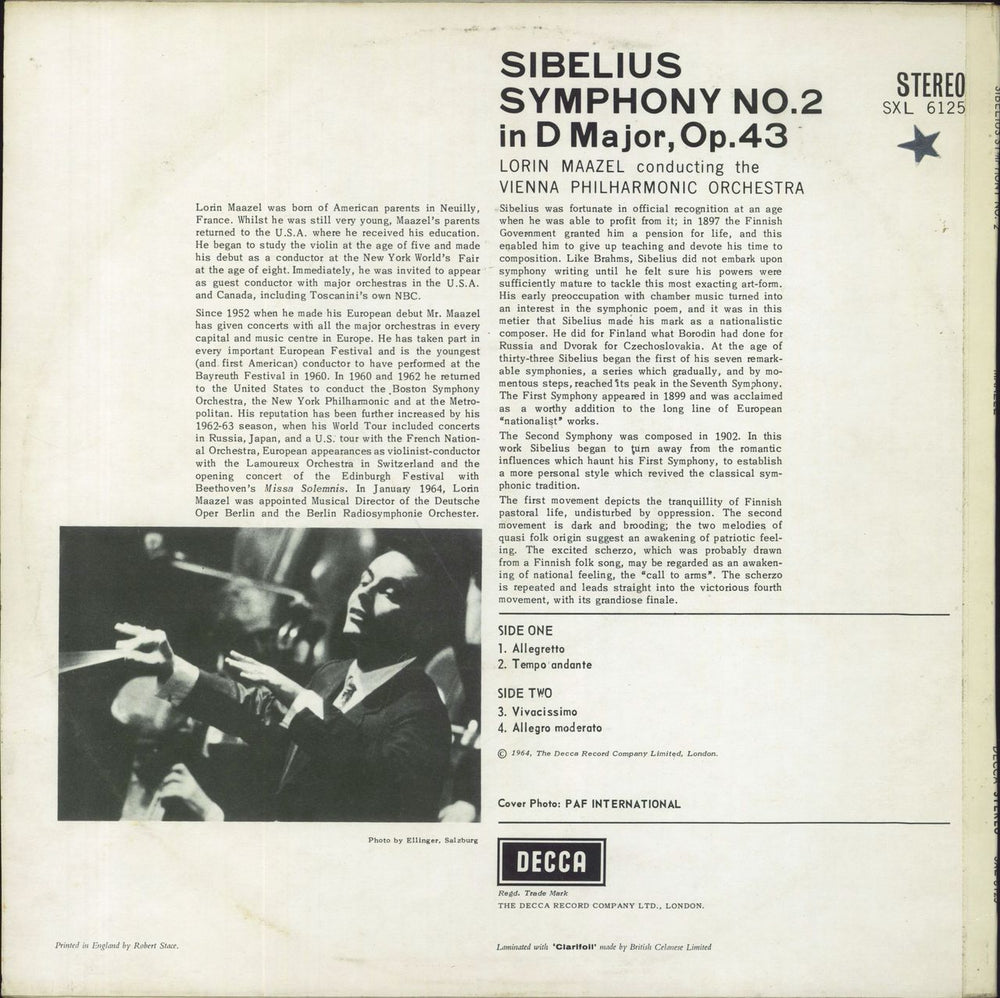 Jean Sibelius Symphony No. 2 UK vinyl LP album (LP record)