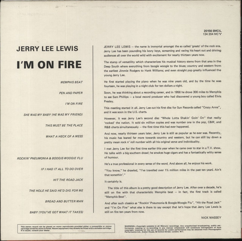 Jerry Lee Lewis I'm On Fire UK vinyl LP album (LP record)