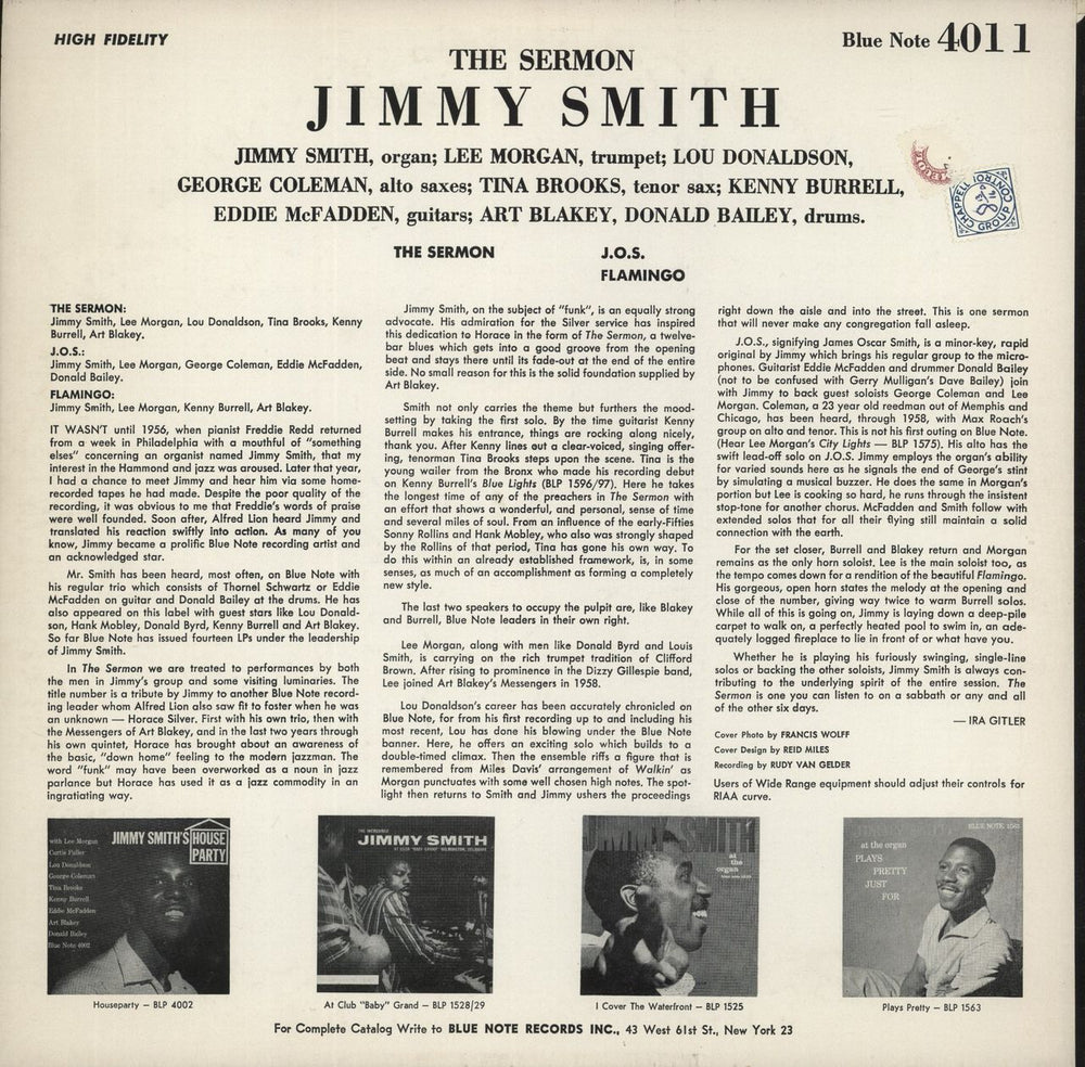 Jimmy Smith (Jazz Organ) The Sermon! US vinyl LP album (LP record)