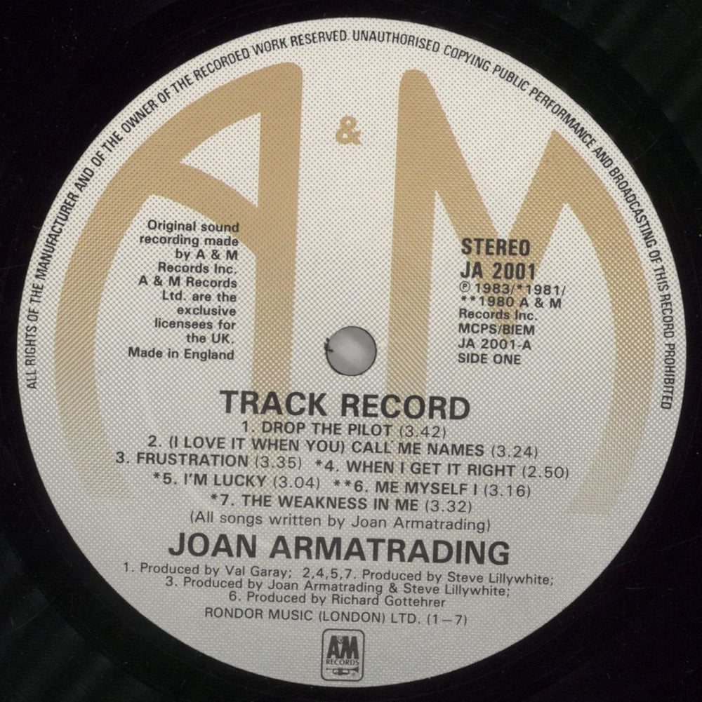 Joan Armatrading Track Record - Hype Sticker UK vinyl LP album (LP record) ARMLPTR858502