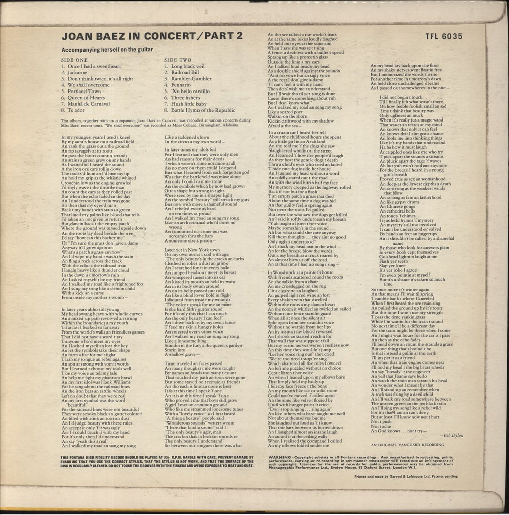 Joan Baez In Concert Part 2 UK vinyl LP album (LP record)