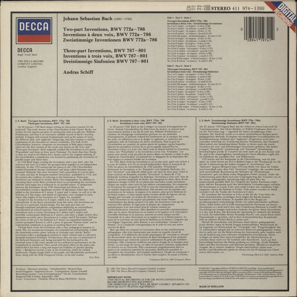 Johann Sebastian Bach Bach: Two-Part Inventions - Three-Part Inventions Dutch vinyl LP album (LP record) 028941197412