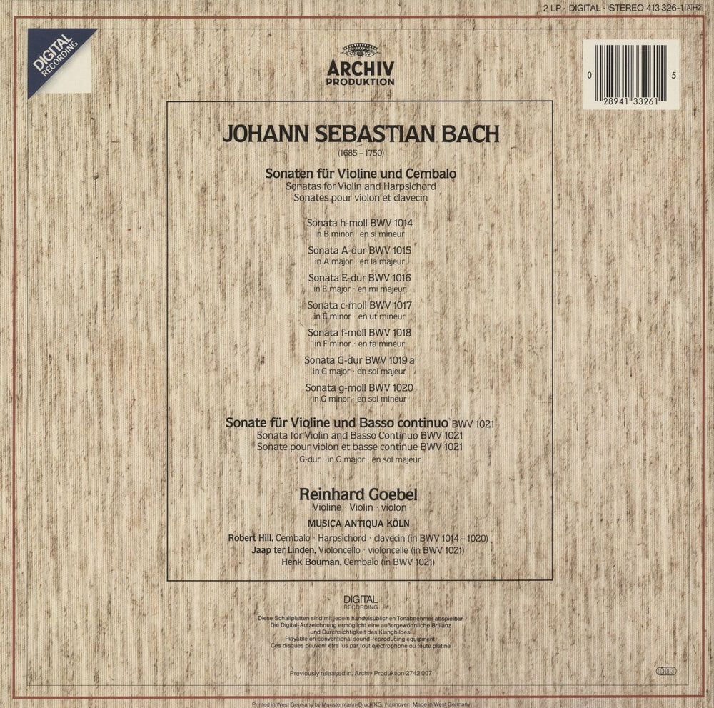 Johann Sebastian Bach Violin Sonatas German 2-LP vinyl record set (Double LP Album)