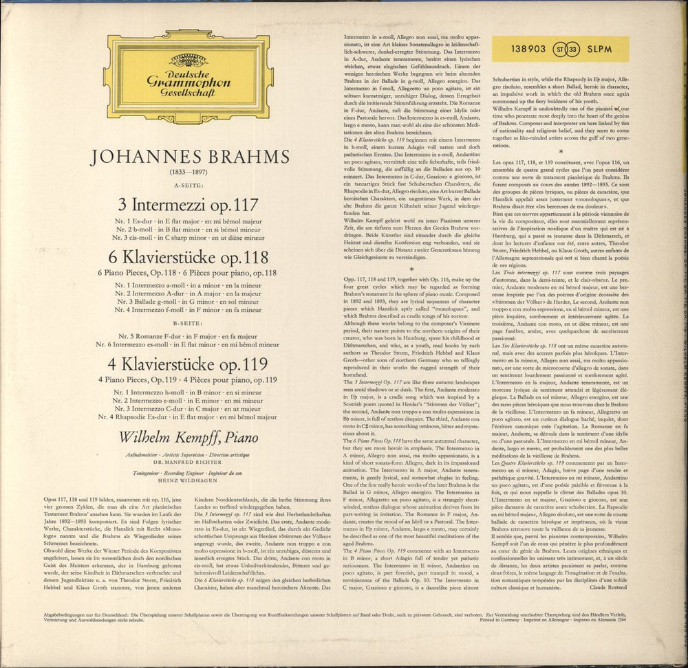 Johannes Brahms Brahms: 3 Intermezzi Op. 117, 6 Klavierstücke Op. 118, 4 Klavierstücke Op. 119 German vinyl LP album (LP record)