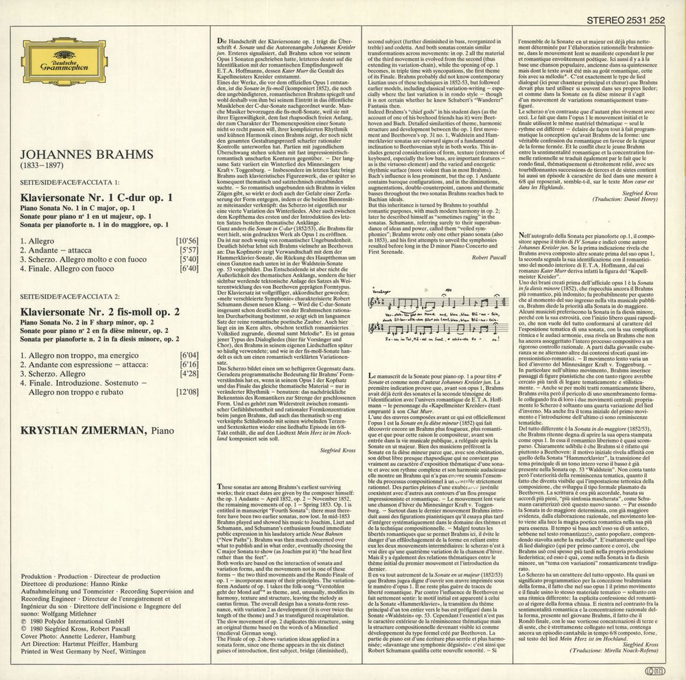 Johannes Brahms Brahms: Klaviersonaten No.1 & 2 = Piano Sonatas German vinyl LP album (LP record)