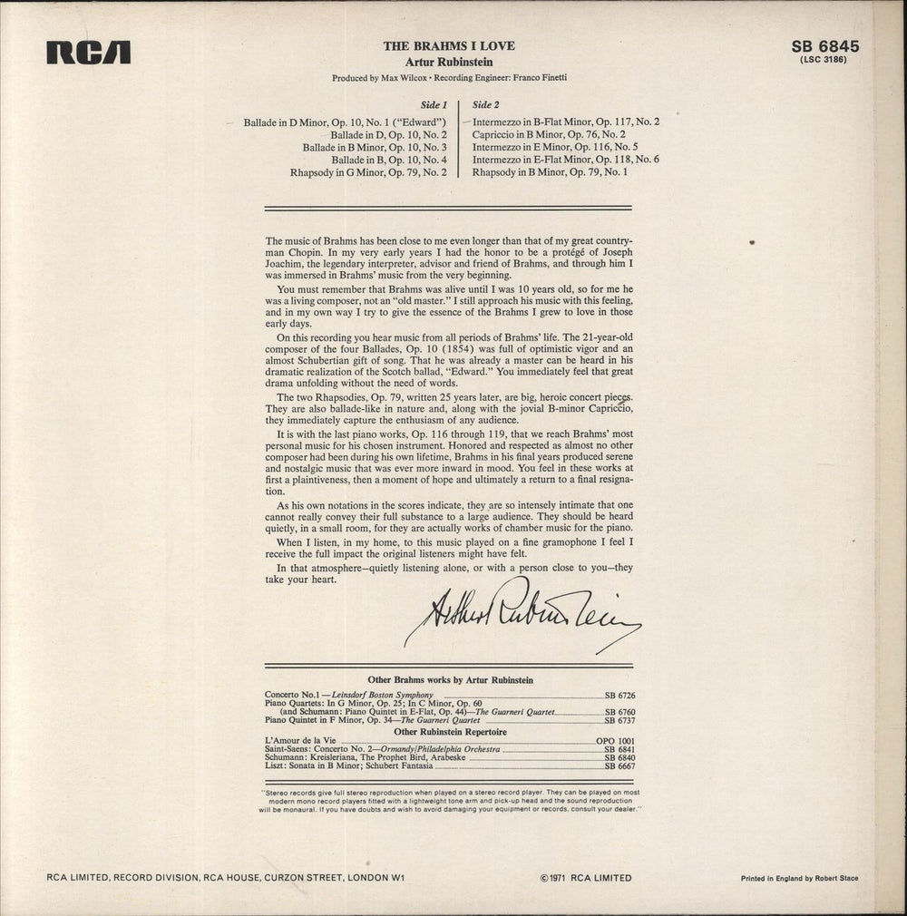 Johannes Brahms The Brahms I Love UK vinyl LP album (LP record)