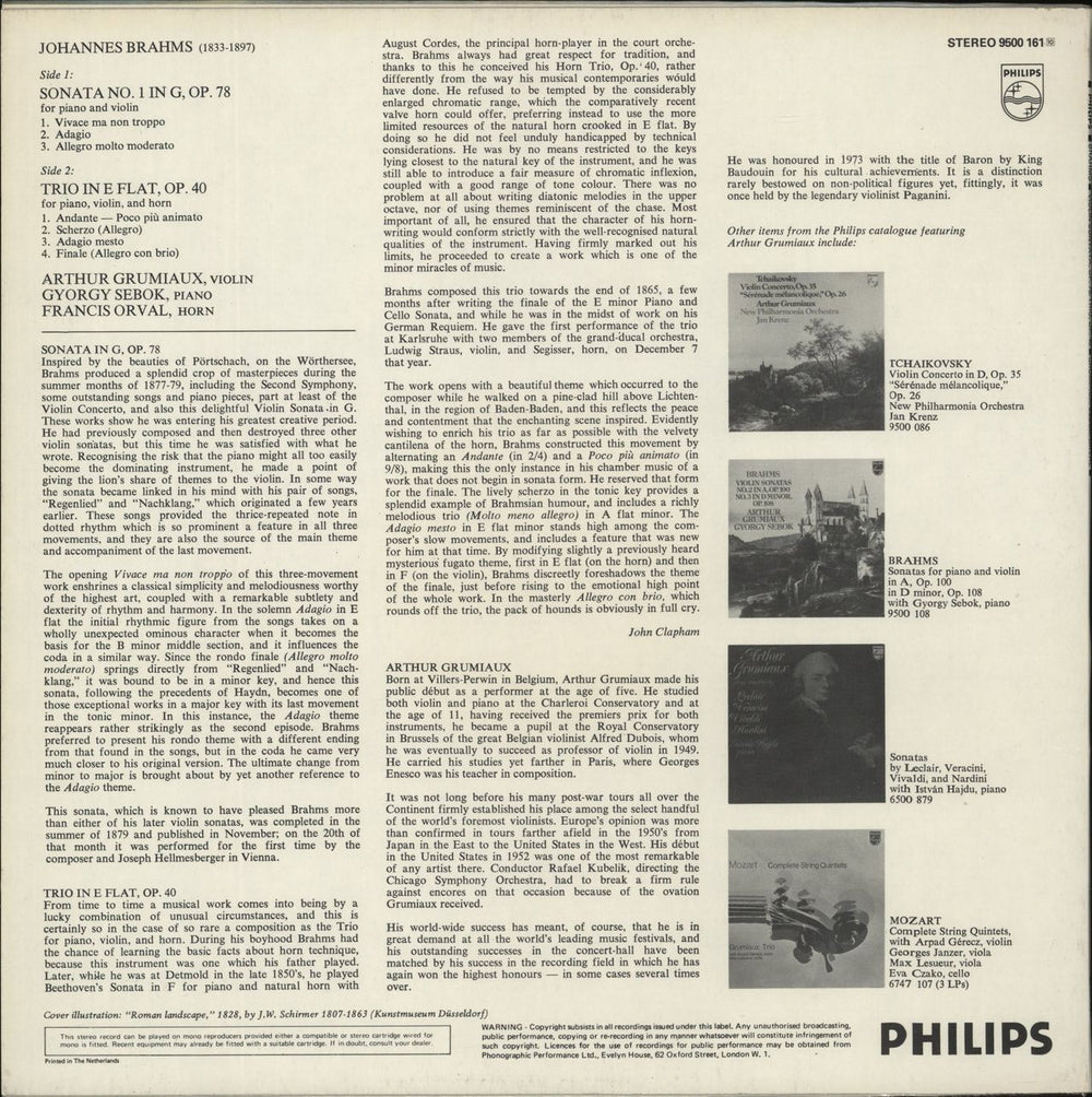 Johannes Brahms Violin Sonata No. 1 / Trio For Violin, Piano And Horn Dutch vinyl LP album (LP record)