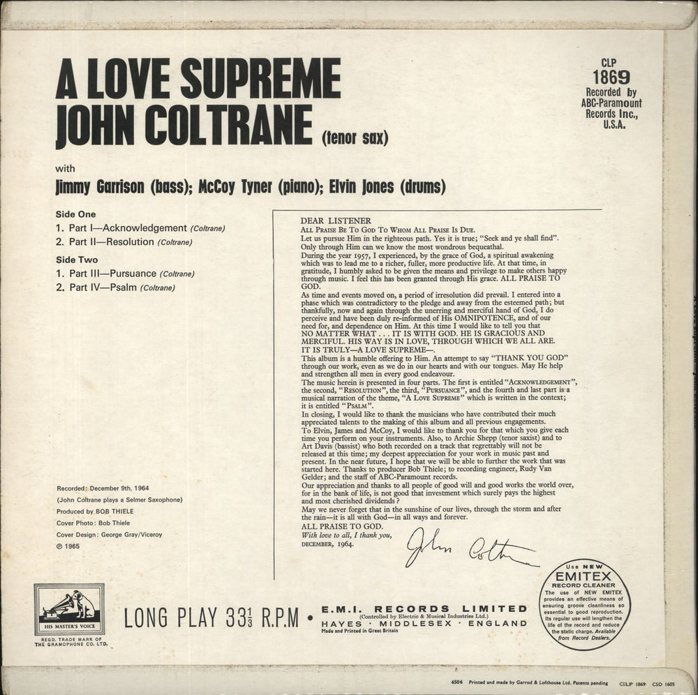 John Coltrane A Love Supreme - VG UK vinyl LP album (LP record)